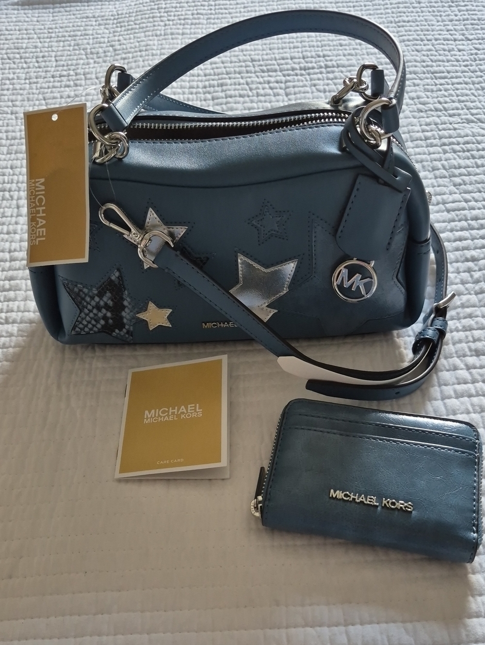 MICHAEL KORS Cornflower Blue Star-Accent CECILY bag and Matching Wallet NWT